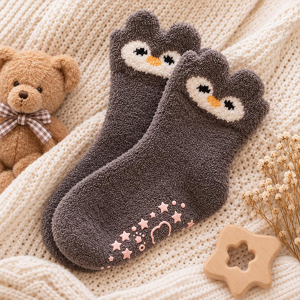 Grey fluffy kids socks on a cream knit backdrop, with penguin-inspired cuff faces, Orange beaks and Pink star-shaped anti-slip sole details.