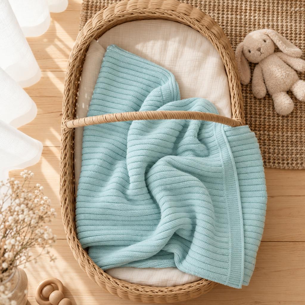 Mint Green ribbed knit baby wrapping shawl draped inside a wicker nursery basket with a soft bunny toy alongside.