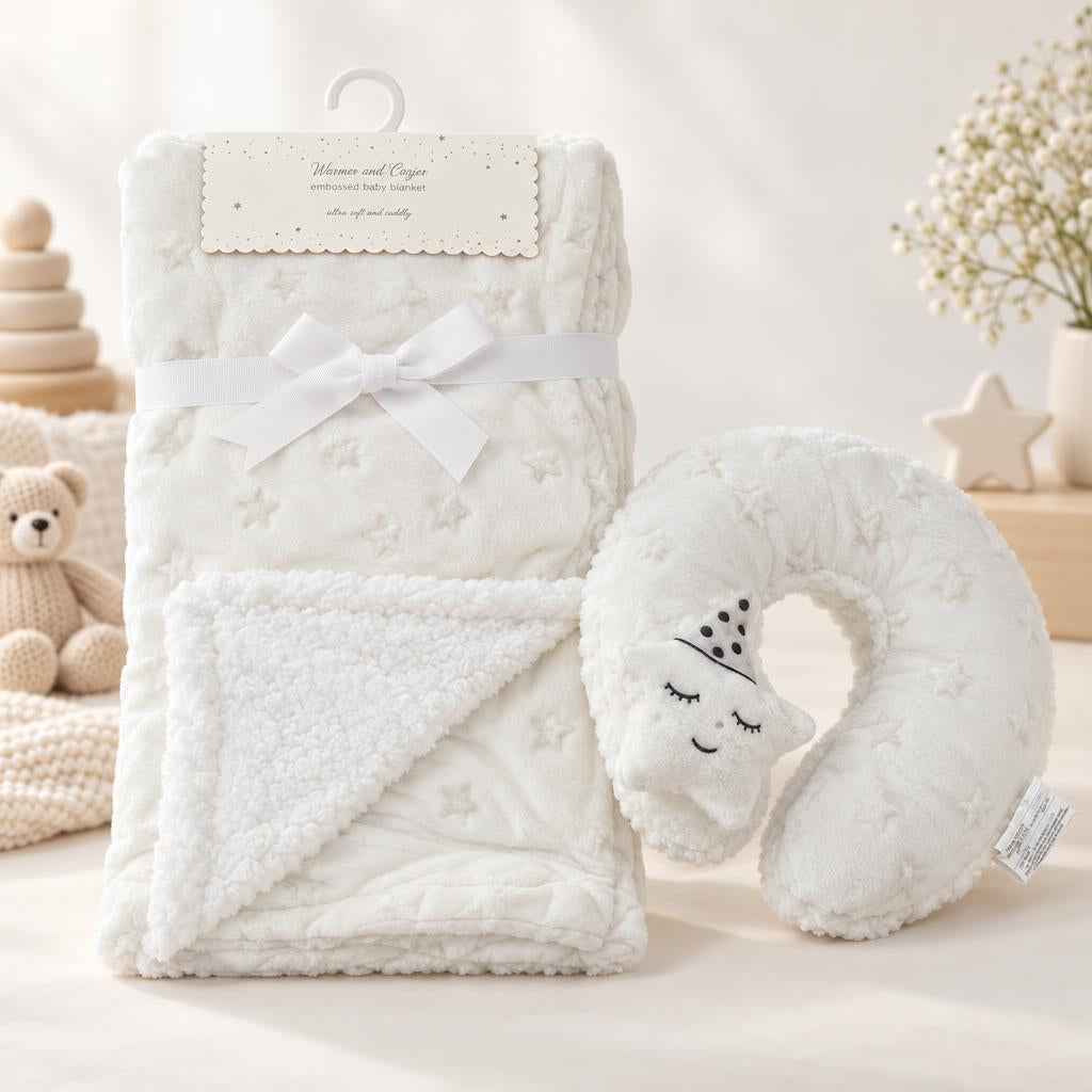 White embossed plush baby blanket set with fluffy White sherpa-look reverse and unicorn-detail U-shaped round neck pillow, presented with a ribbon bow.