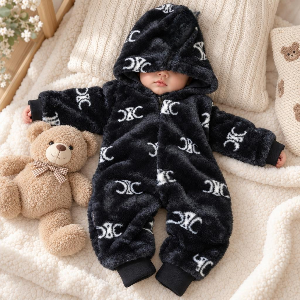 Baby Monogram Print Hooded Fur Romper