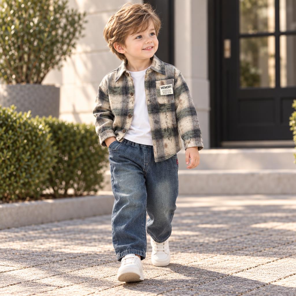 Boy wearing the Black and Cream vintage check button shirt, White inner and Blue denim-look baggy pants outdoors, with Memory chest patch visible.