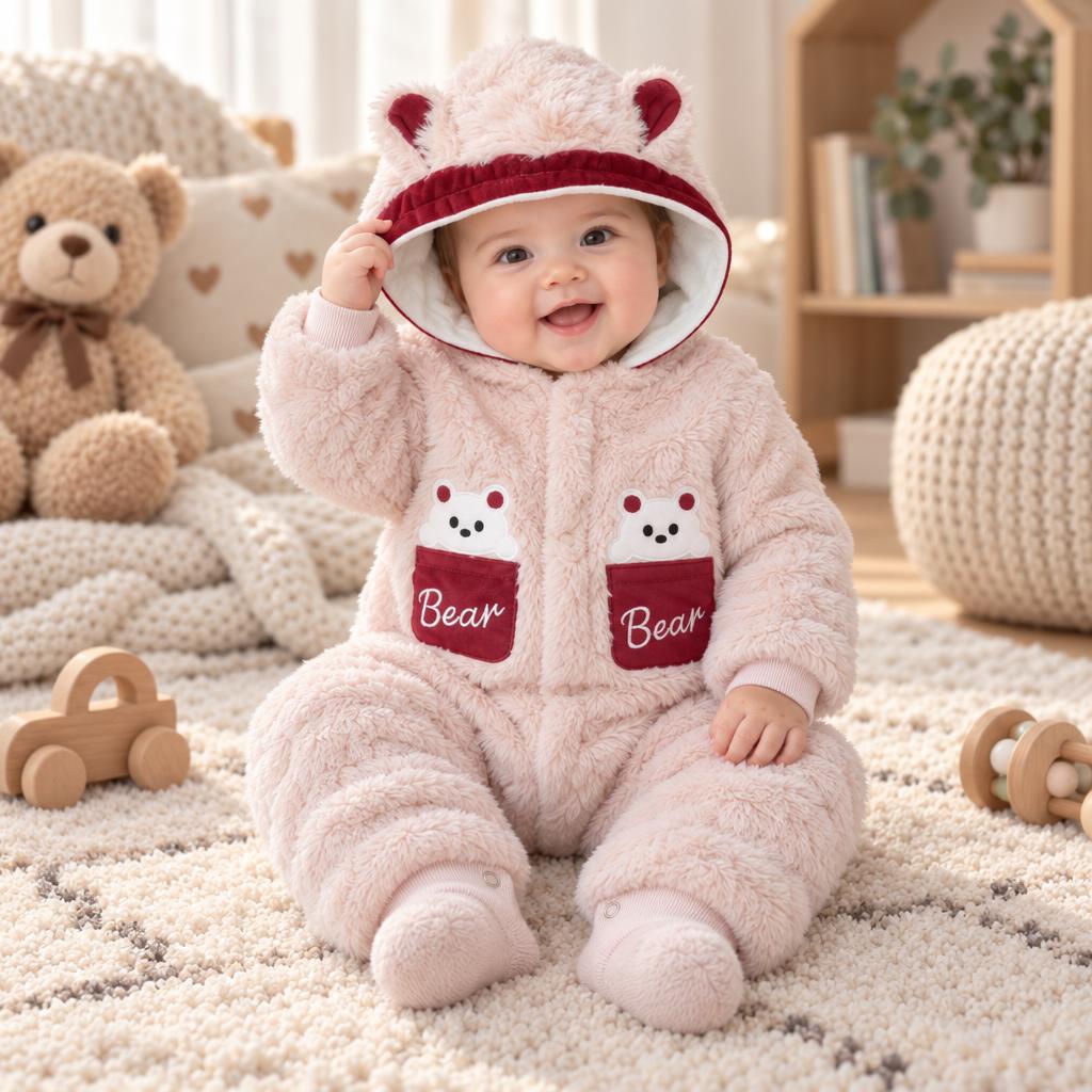 Baby Bear Pocket Shaggy Hooded Romper