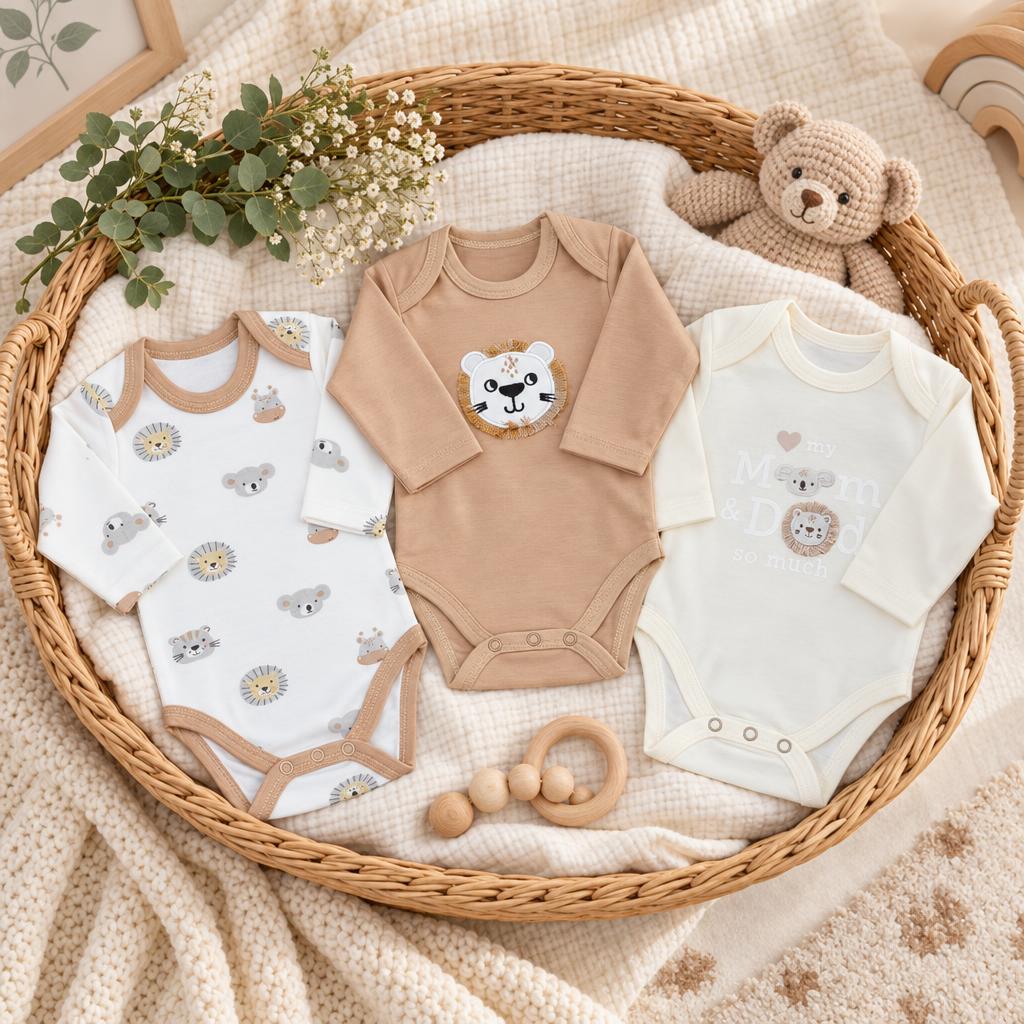 Brown, White and Cream long-sleeve baby bodysuit pack displayed in a basket, with koala and lion prints, a bear chest applique and Sweet Mom wording.