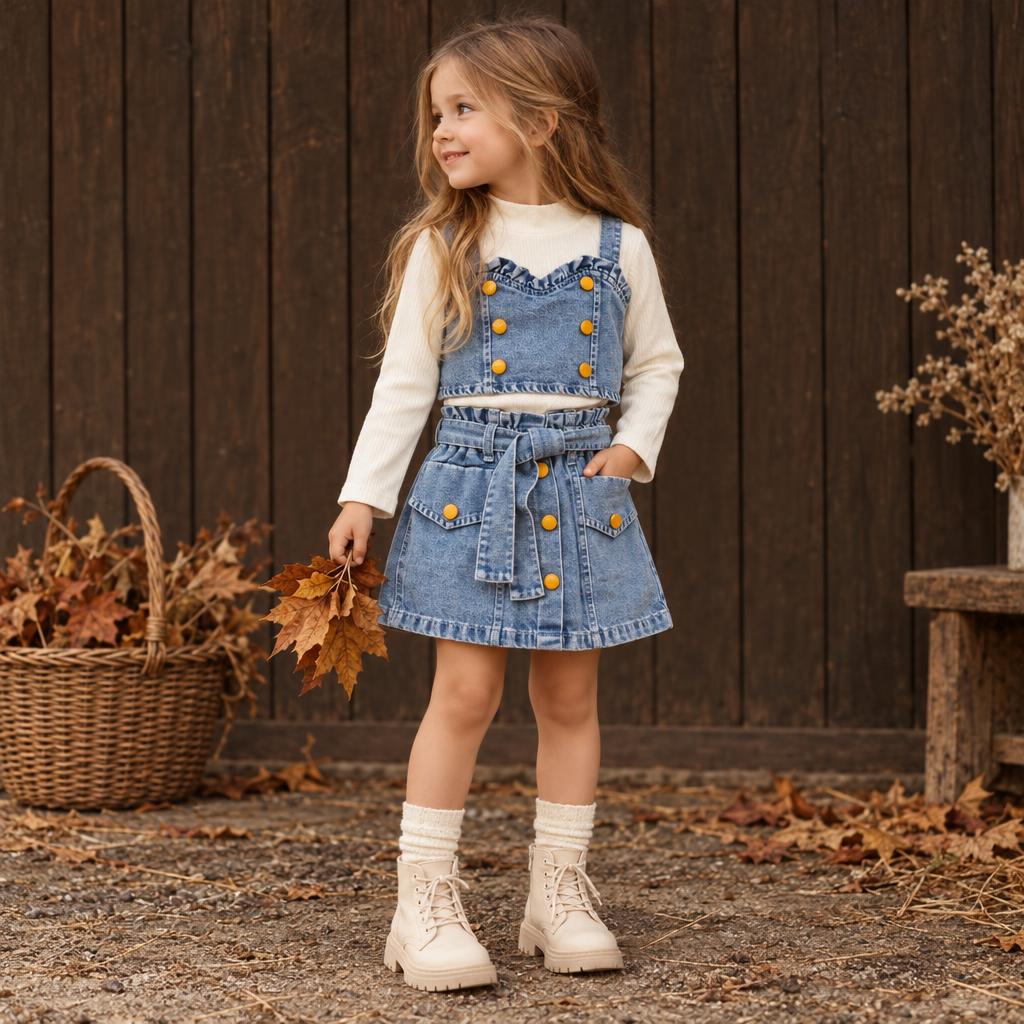 Girl modelling the White ribbed inner with light Blue denim ruffle waistcoat and flared belted skirt, showing the front pockets.