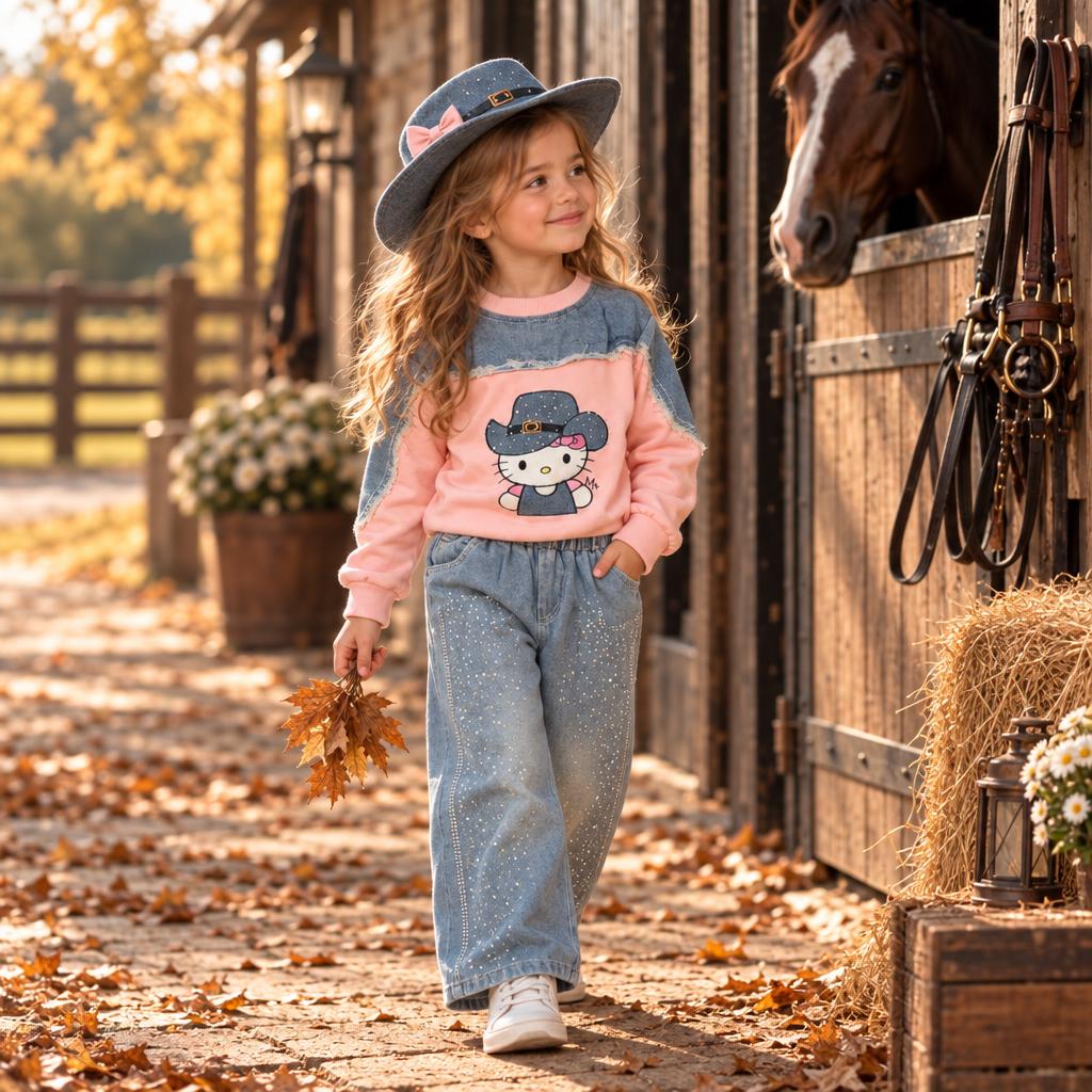 Girl modelling the Pink colourblock kitty cowgirl sweatshirt and relaxed sparkling denim-look trousers with a Blue hat in a stable setting.