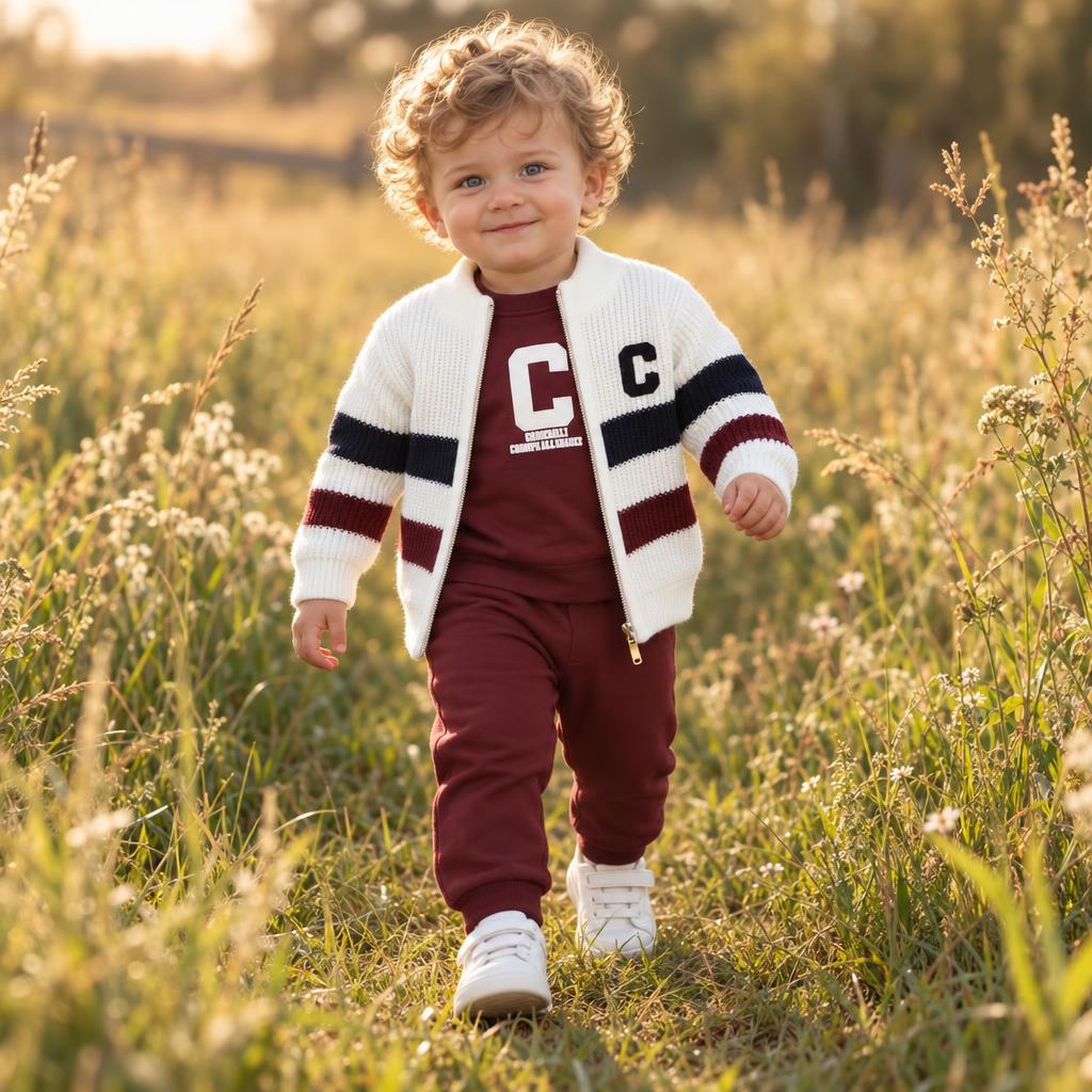 Toddler modelling the Maroon letter patch sweater suit in a field, with a Cream striped cardigan layered over the C-print shirt.