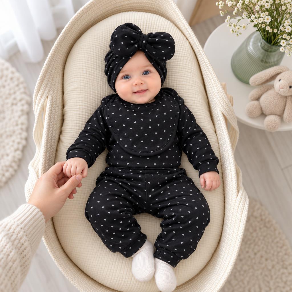 Baby wearing a Black tiny heart-print starter set in a cushioned basket, with a large matching bow headwrap, rounded bib and cuffed trousers.
