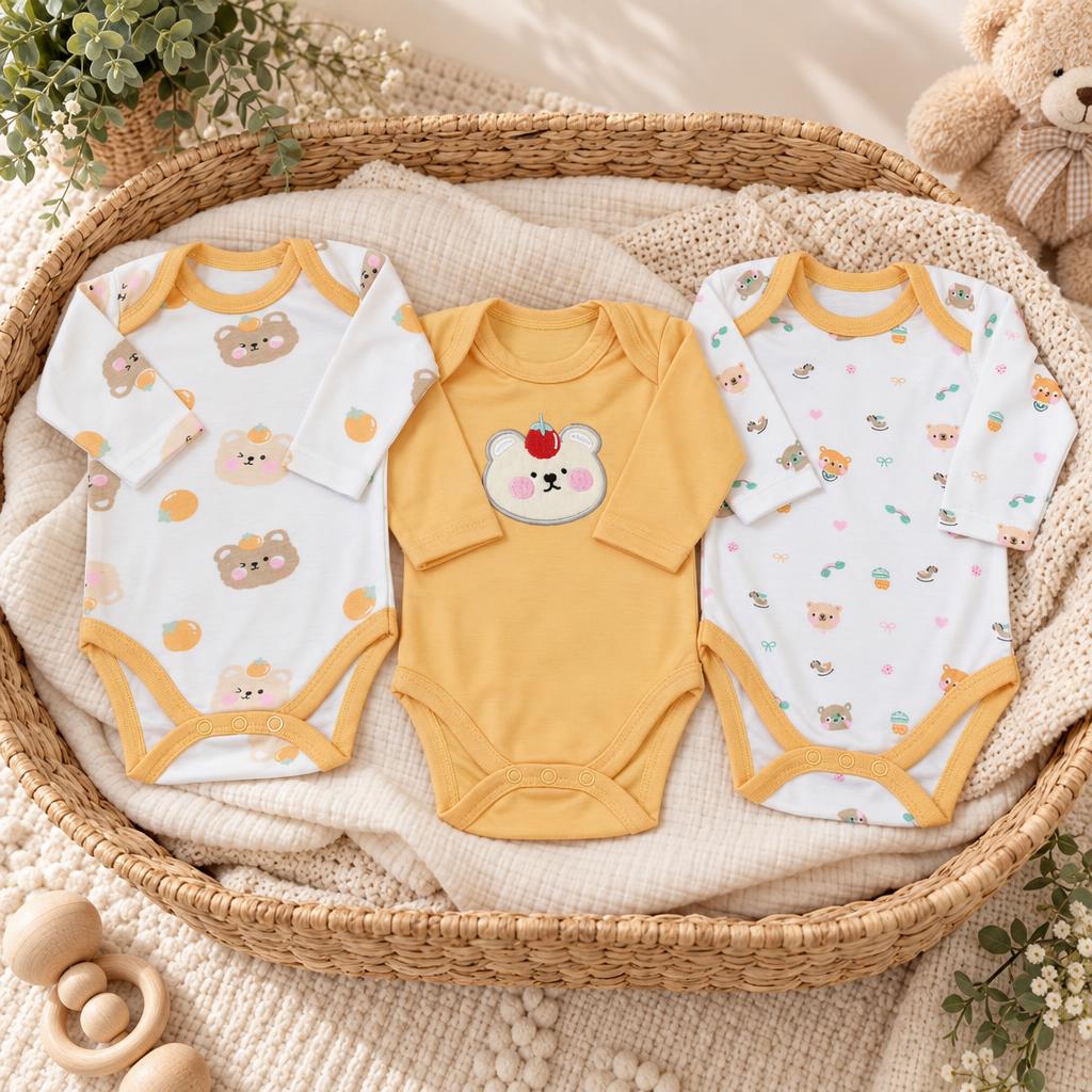 Orange and White long-sleeve baby bodysuit trio in a wicker basket, featuring bear-and-fruit prints and a central Orange bodysuit with bear face applique.
