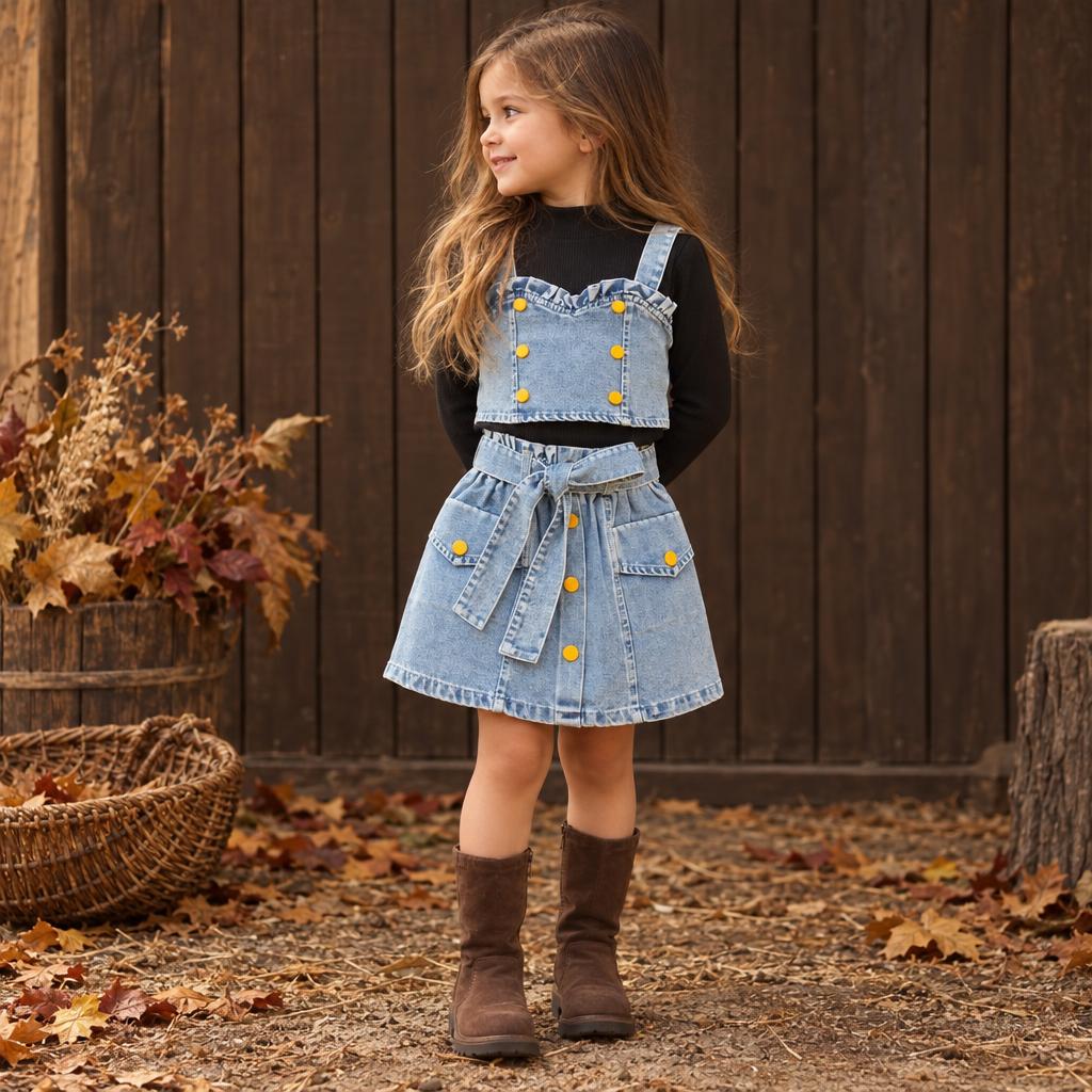 Girl wearing the Black ribbed high-neck inner with the light Blue denim ruffle waistcoat and Yellow-button skirt set.