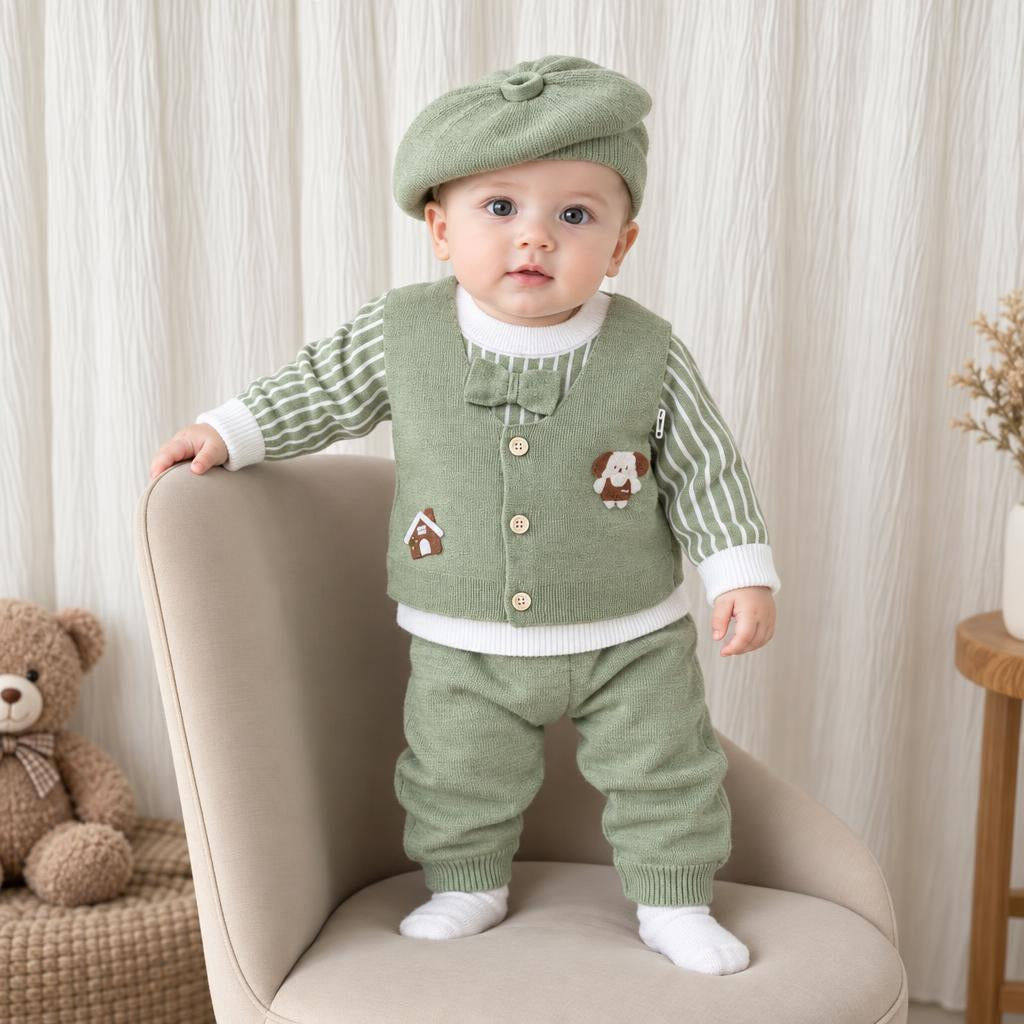 Baby Puppy Applique Knit Shirt, Trouser & Beret 3PC Set