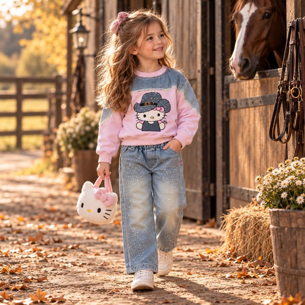 Girl wearing the Pink and Blue kitty cowgirl sweatshirt with sparkling light Blue denim-look trousers, styled outdoors beside a stable.