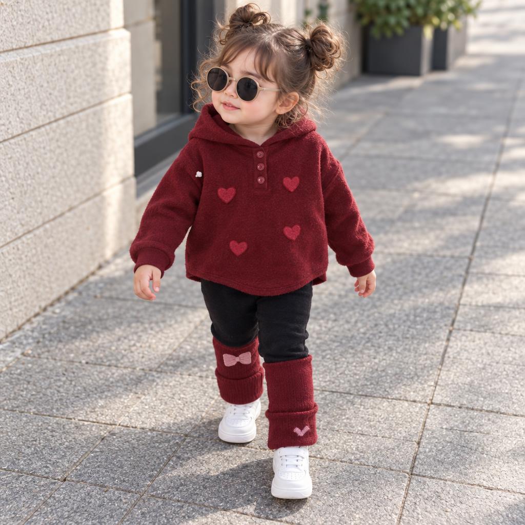 Little girl modelling the Red heart applique hooded knit-look sweater with Black ribbed tights and Red bow-detail ankle cuffs outdoors.