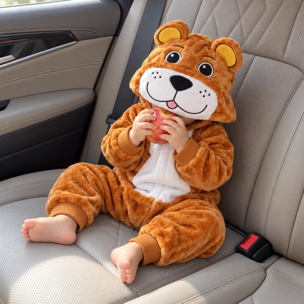 Baby seated in a car wearing the Brown tiger-inspired plush hooded romper, with rounded ears, large animal face hood and White tummy panel.