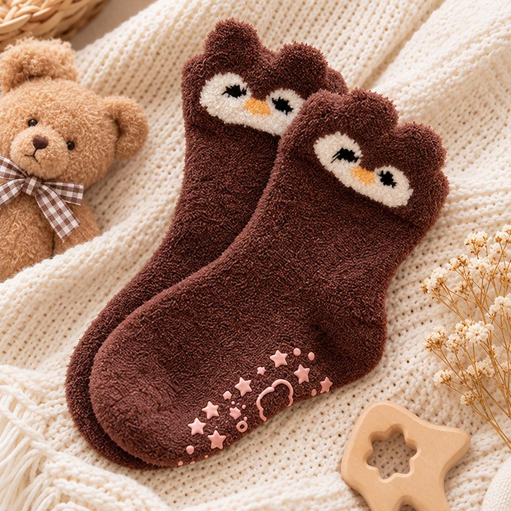 Dark Brown soft wool socks arranged with a teddy bear prop, featuring penguin-inspired face cuffs and Pink grip motifs across the soles.