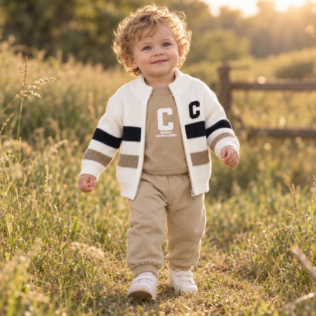 Toddler wearing the Beige letter patch sweater, shirt and trouser set outdoors, showing the Cream zip-front striped sweater and cuffed pants.