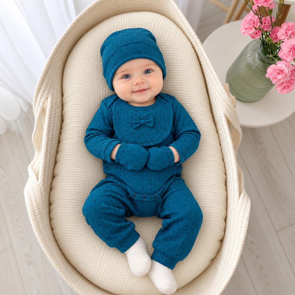 Baby wearing a deep Teal Blue dotted starter set in a cushioned basket, with a matching cap, bow-detail bib, mittens and visible front snap fastening.
