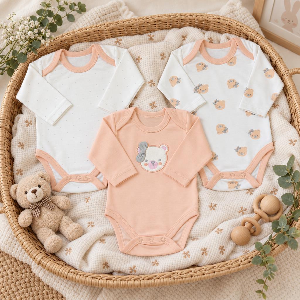 Peach, White and soft Peach long-sleeve baby bodysuit pack arranged in a round wicker basket, with tiny bear prints and a raised bear-face chest applique.