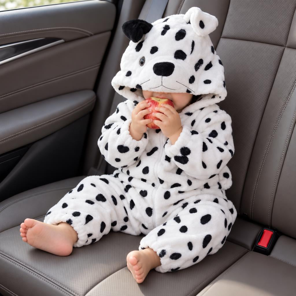 Baby seated in a car wearing the White Dalmatian-inspired plush hooded romper, showing Black spot print, floppy ears and animal face hood.