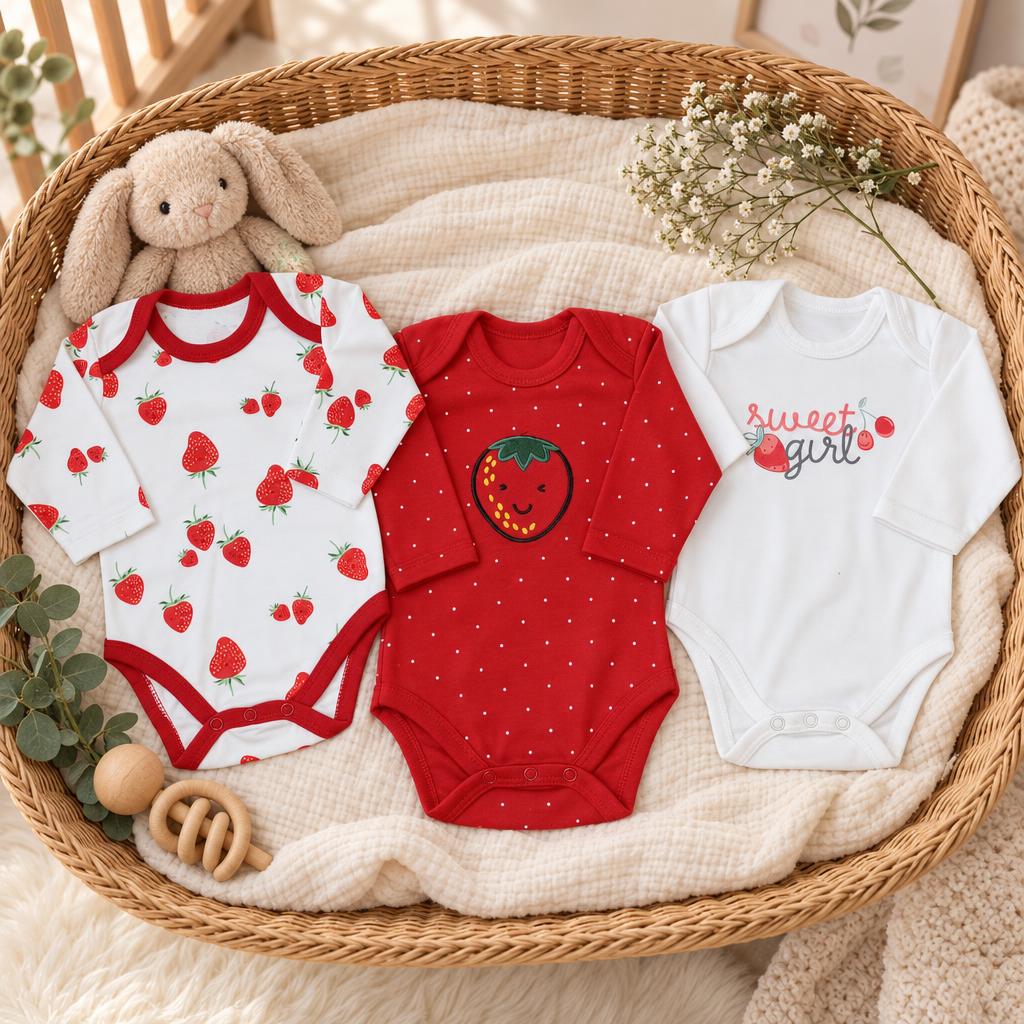 Red and White long-sleeve baby bodysuit pack displayed in a wicker basket, featuring strawberry prints, a central strawberry face applique and Sweet Girl wording.