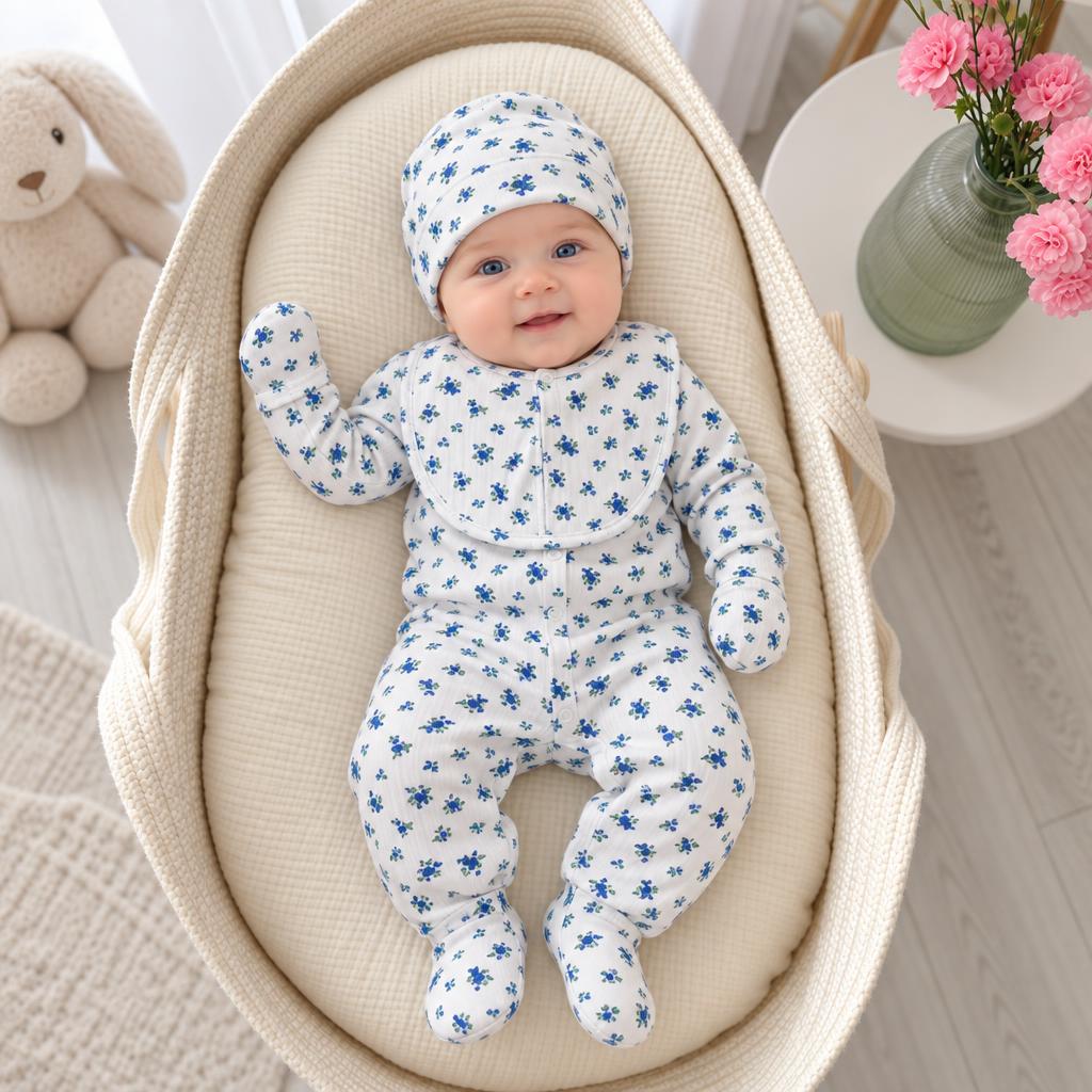 Baby wearing a White and Blue floral-print starter set in a cushioned basket, styled with a matching cap, bib, mittens and footed trousers.
