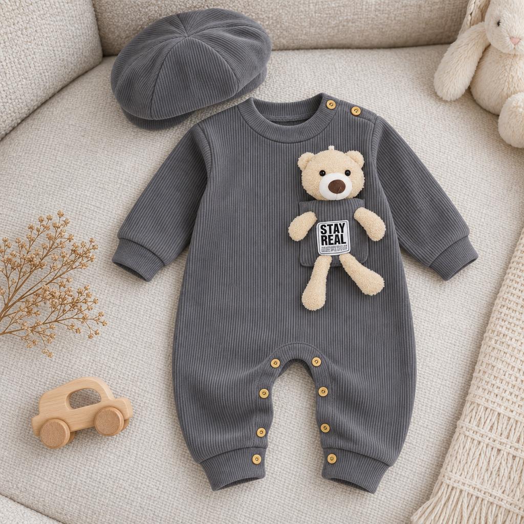 Grey ribbed full-length baby romper with matching grey beret-style cap, shown flat lay with shoulder buttons, cuffed ankles and a teddy chest applique.