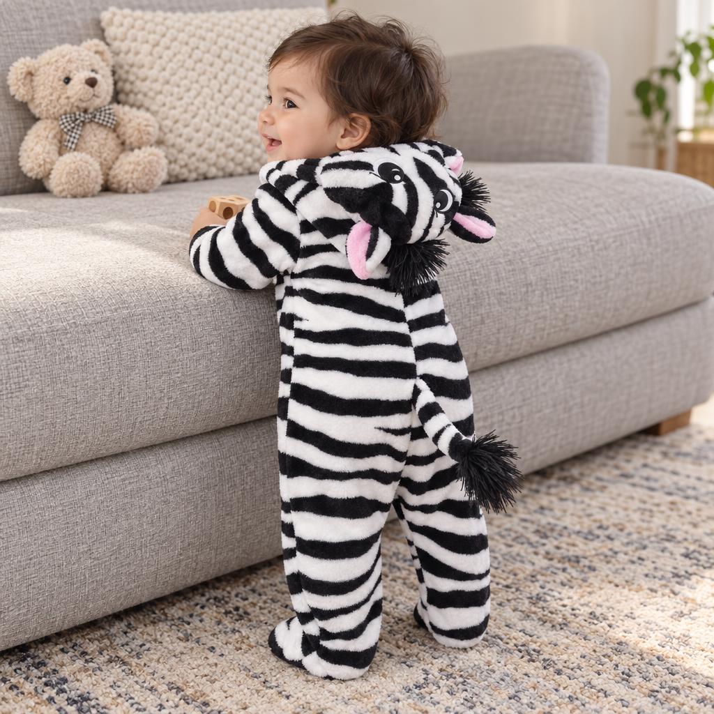 Toddler wearing the Black and White zebra character plush romper from the back, showing the striped hood, raised ears and fluffy-tipped tail.