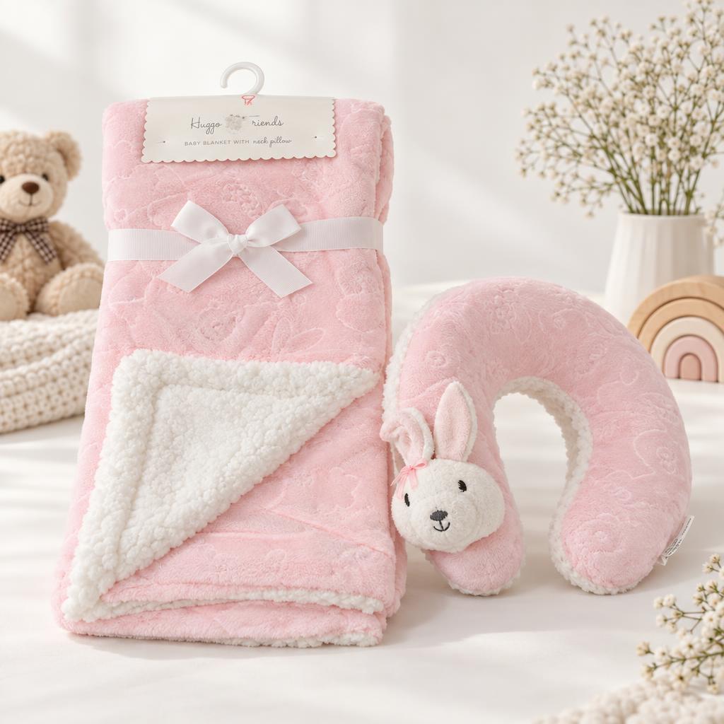 Pink embossed plush baby blanket and round neck pillow set with a White sherpa-look reverse, ribbon wrapping and bunny-face pillow.