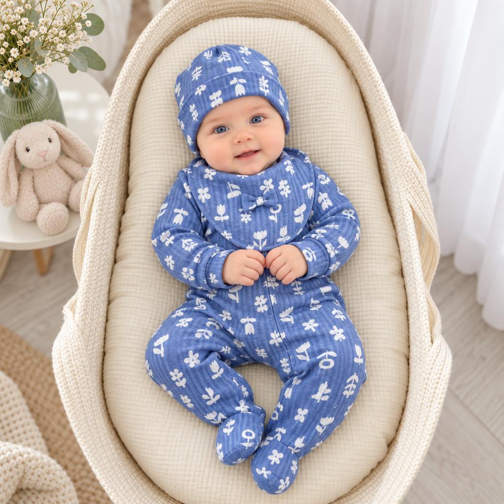 Baby wearing a Blue printed starter set in a cushioned basket, with a matching Blue cap, rounded bib and all-over White flower and leaf motifs.