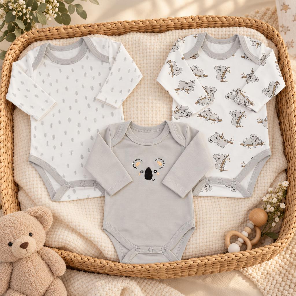 Grey and White long-sleeve baby bodysuit trio arranged in a rectangular wicker basket, featuring koala prints, a central koala face graphic and Grey trim.