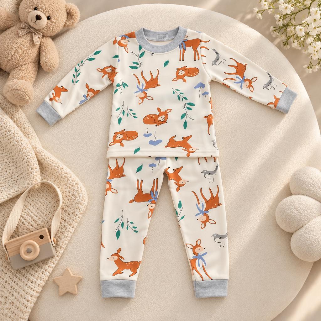 Cream woodland deer print shirt and trouser set in a flat-lay presentation, featuring grey ribbed neckline, cuffs and ankle trims.