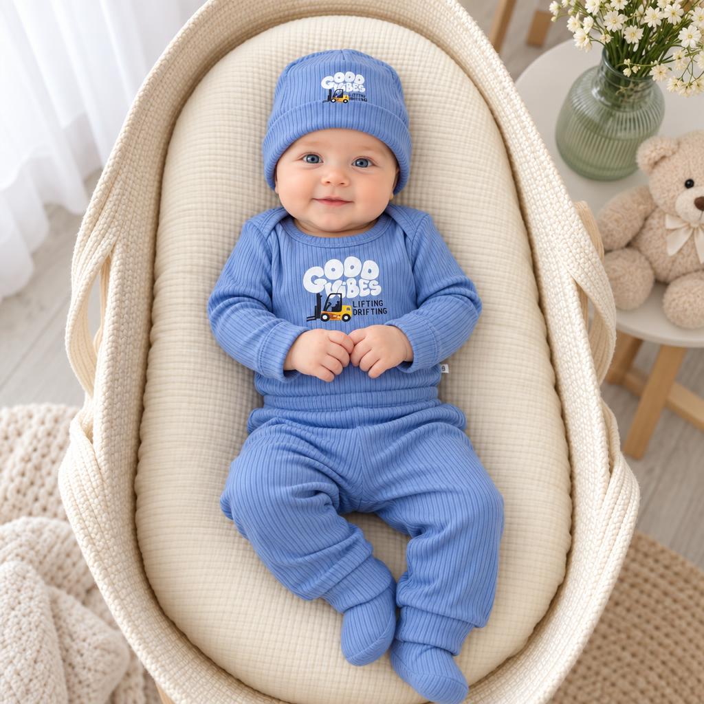 Baby wearing a Light Blue ribbed-look starter outfit in a cushioned basket, featuring a matching cap and GOOD VIBES construction vehicle chest graphic.