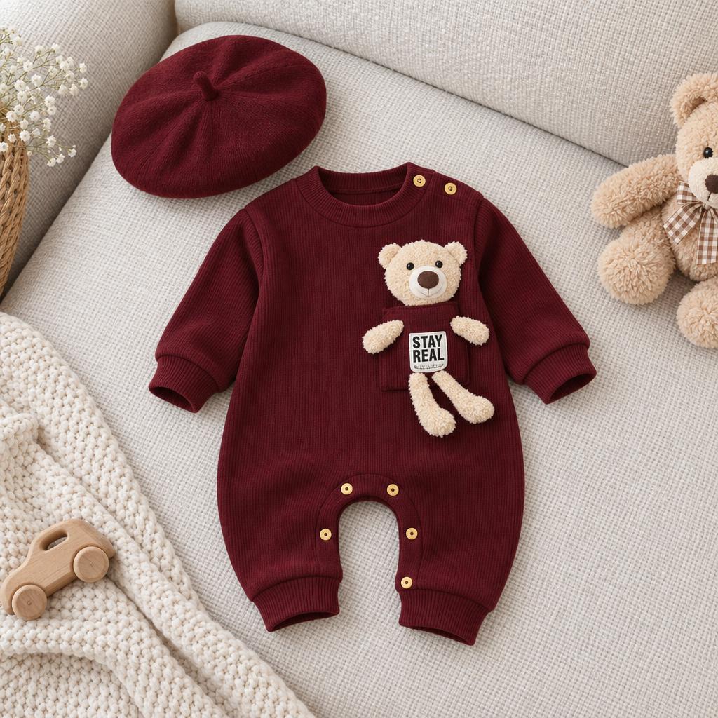 Maroon ribbed long-sleeve baby romper and matching beret-style cap flat lay, featuring a raised teddy bear Stay Real chest applique and wood-look snaps.