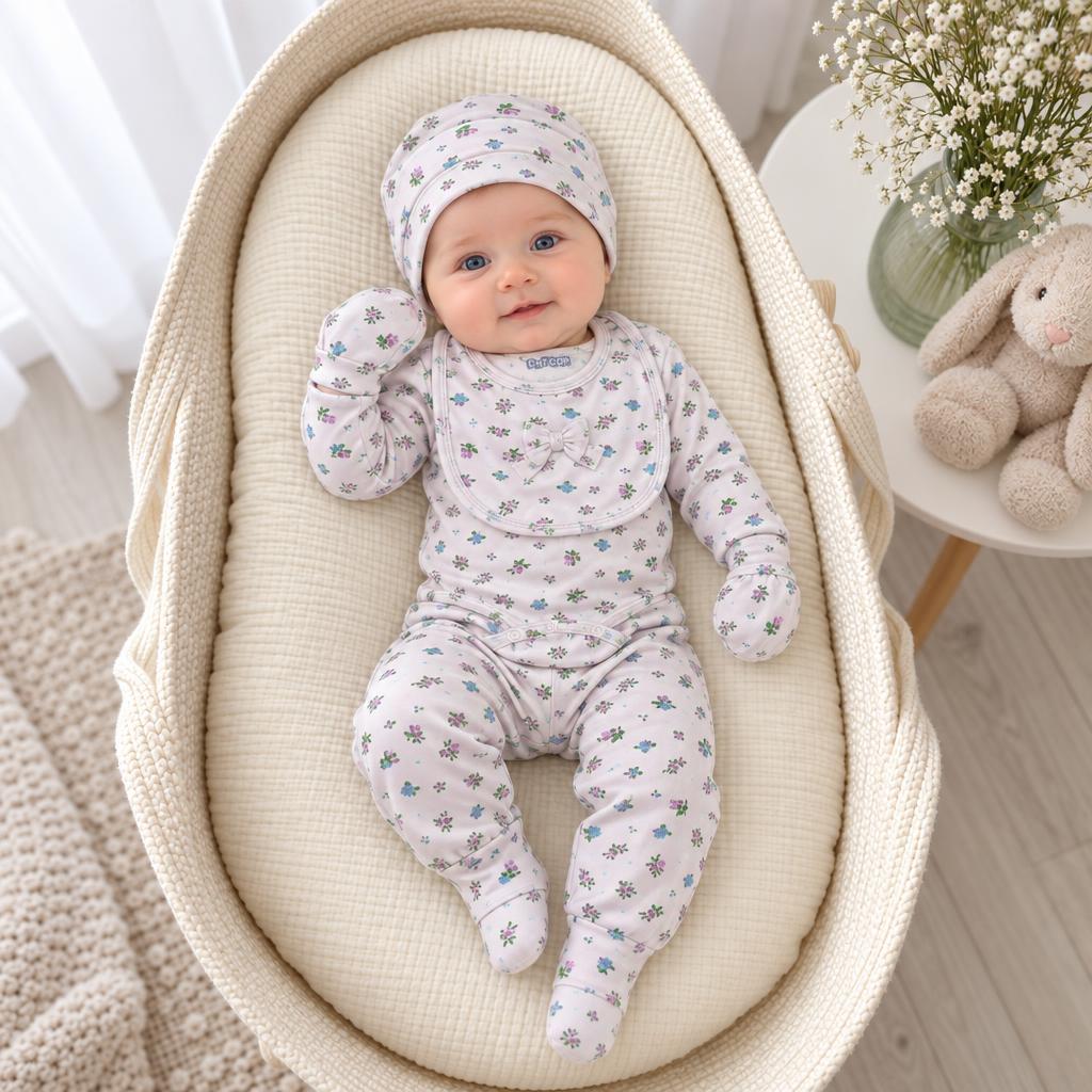 Baby wearing a White floral-print starter set in a cushioned basket, with a matching folded cap, rounded bib, mittens and covered feet.