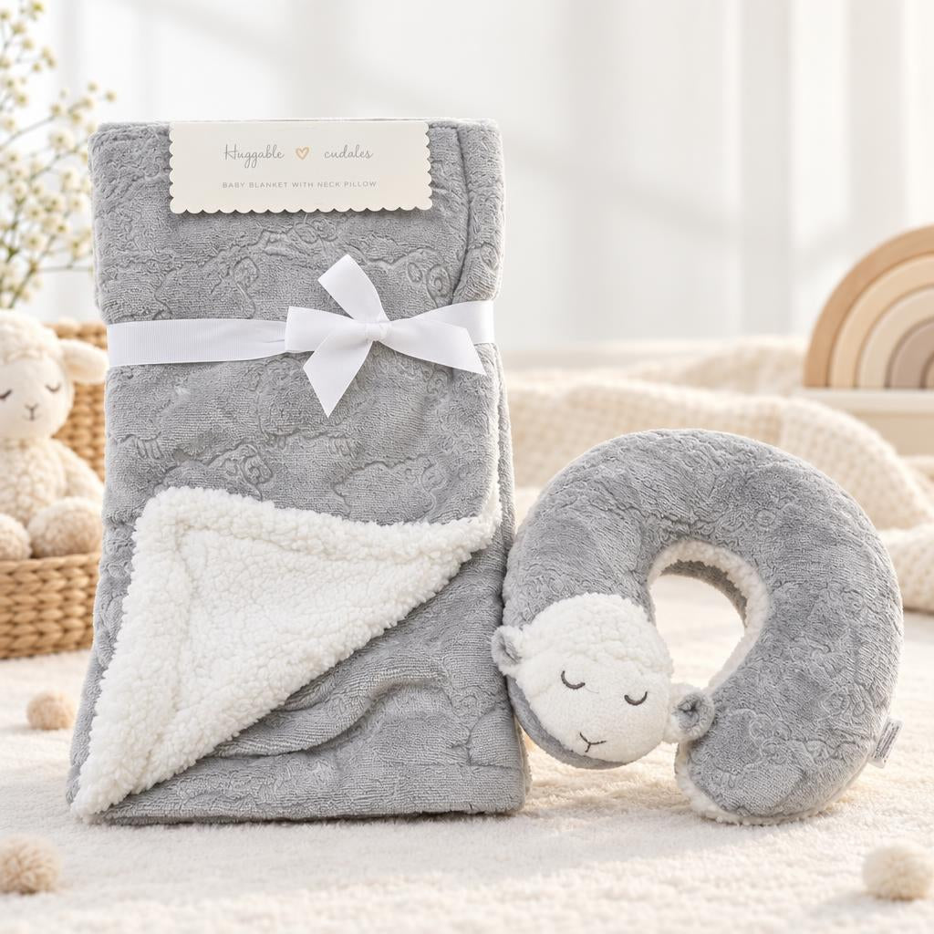 Grey embossed plush baby blanket set with folded White fluffy reverse and a sheep-face U-shaped neck pillow in nursery-style presentation.