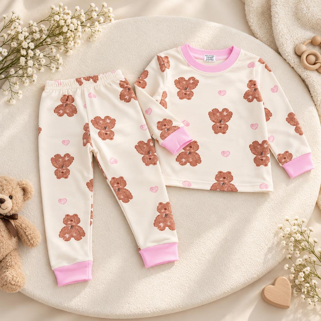 Cream teddy bear print shirt and trouser set in a styled flat lay, with pink neckline, sleeve cuffs and ankle cuffs.