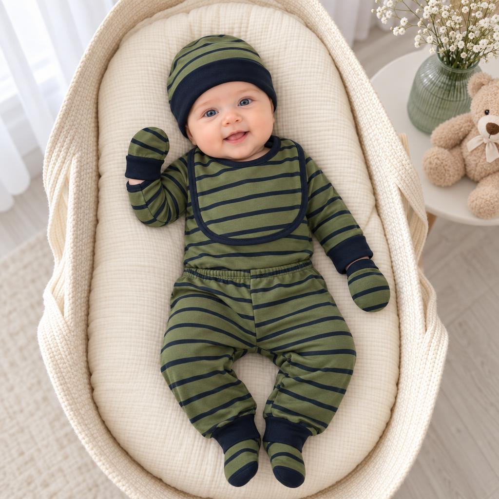 Baby wearing an Olive Green and Navy striped starter set in a cushioned basket, featuring a striped cap, contrast-trim bib and matching mittens.