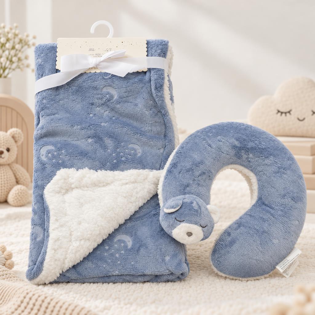 Dark Blue moon and star embossed plush baby blanket with White fluffy reverse and bear-face U-shaped round neck pillow.