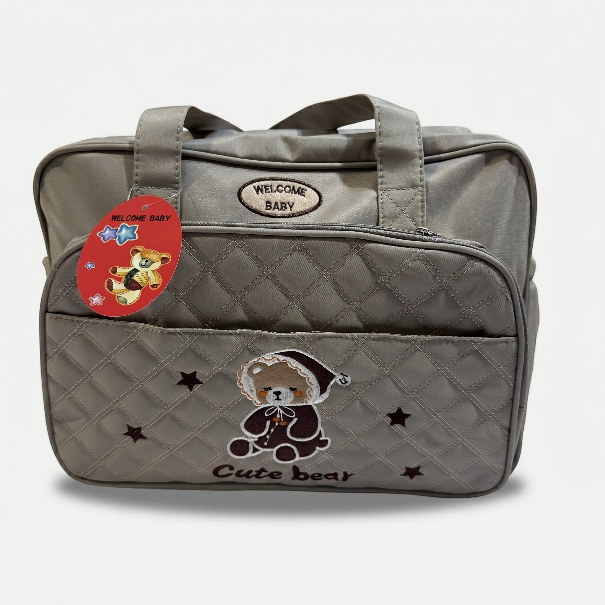 Faba Kids grey quilted baby diaper bag with embroidered bear design, front pocket, and Welcome Baby patch.