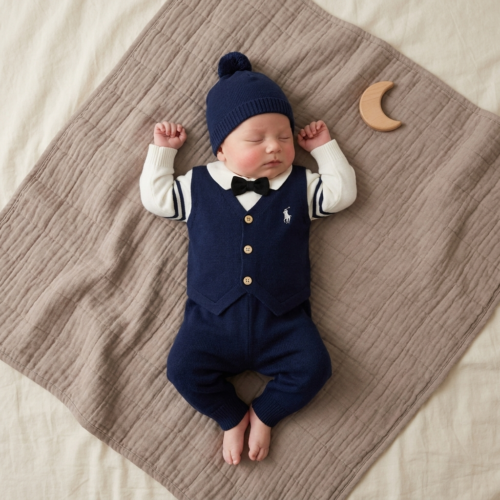 Baby wearing blue formal knitted 2pc shirt and trouser set