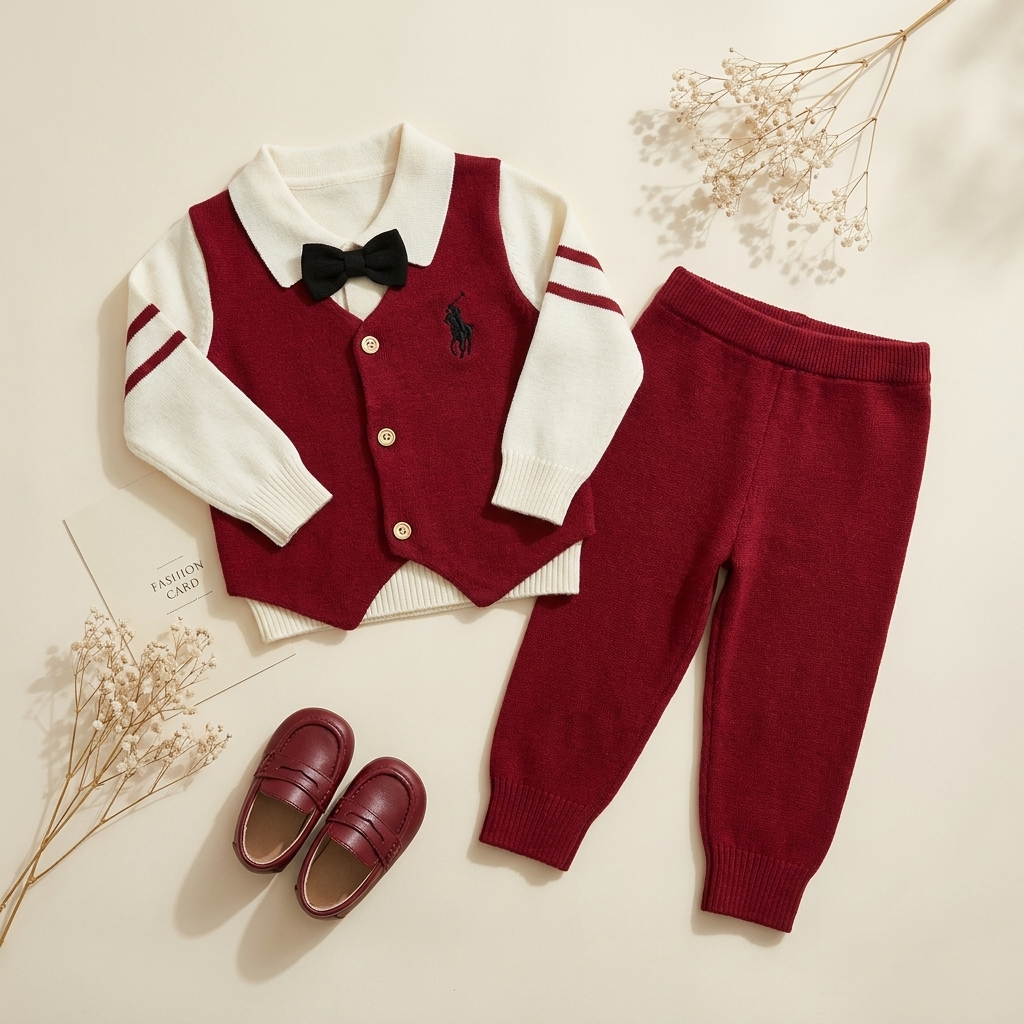 Red formal knitted 2pc baby shirt and trouser set
