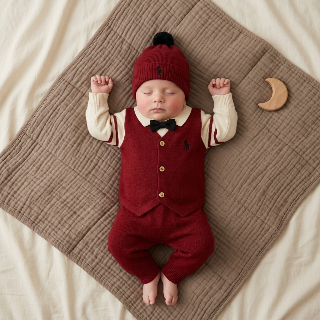 Baby wearing red formal knitted 2pc shirt and trouser set