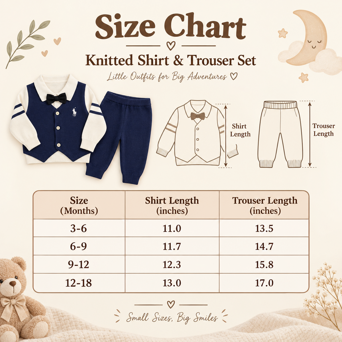 Formal knitted baby set size chart 3-6 to 12-18 months