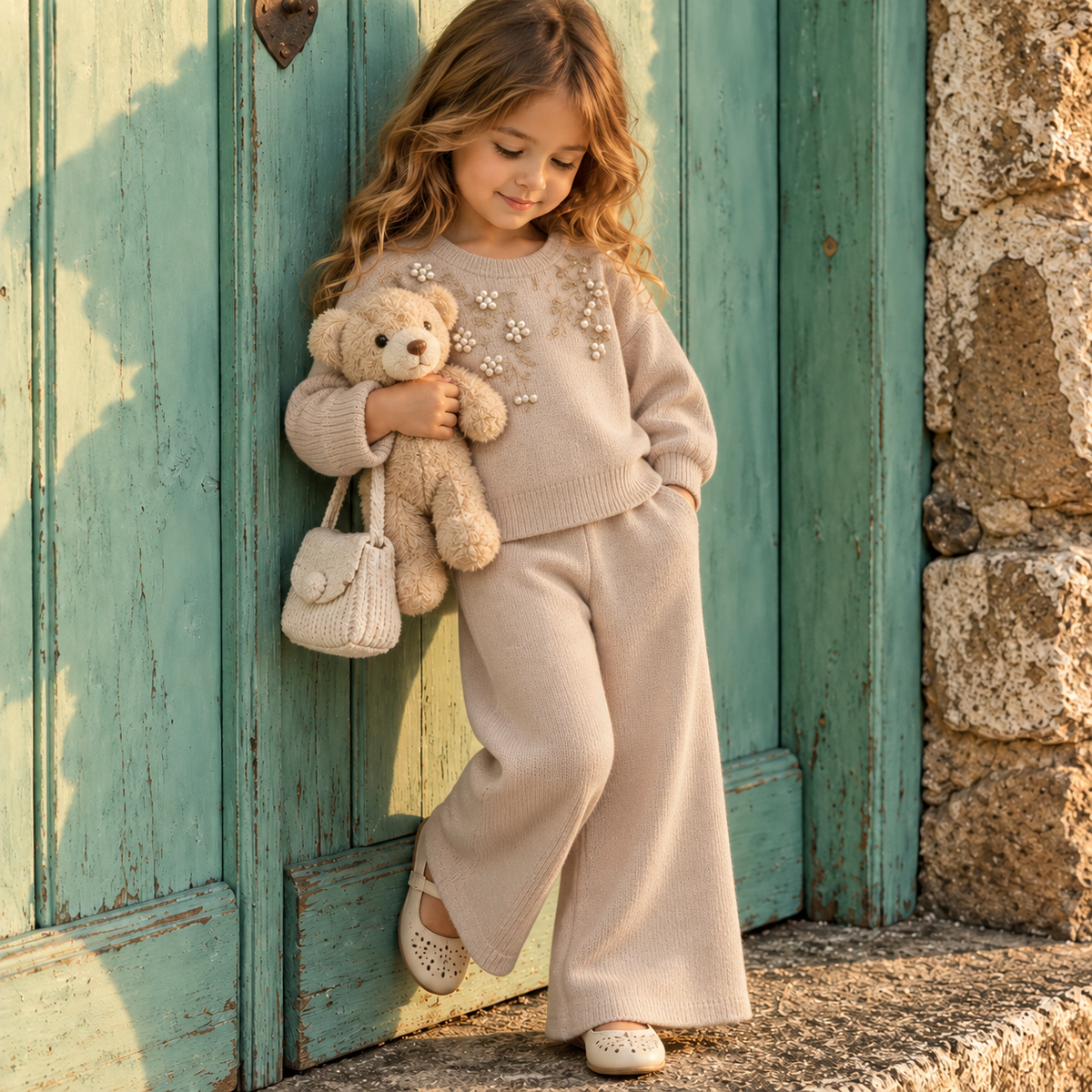 Girls beige 2PC knit sweater and trouser set lifestyle