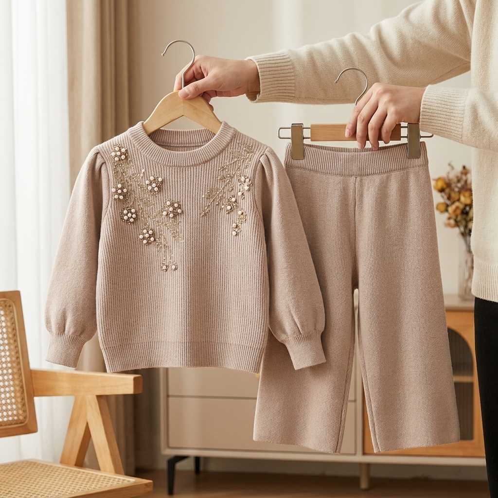 Beige girls 2PC knit sweater and trouser set product view