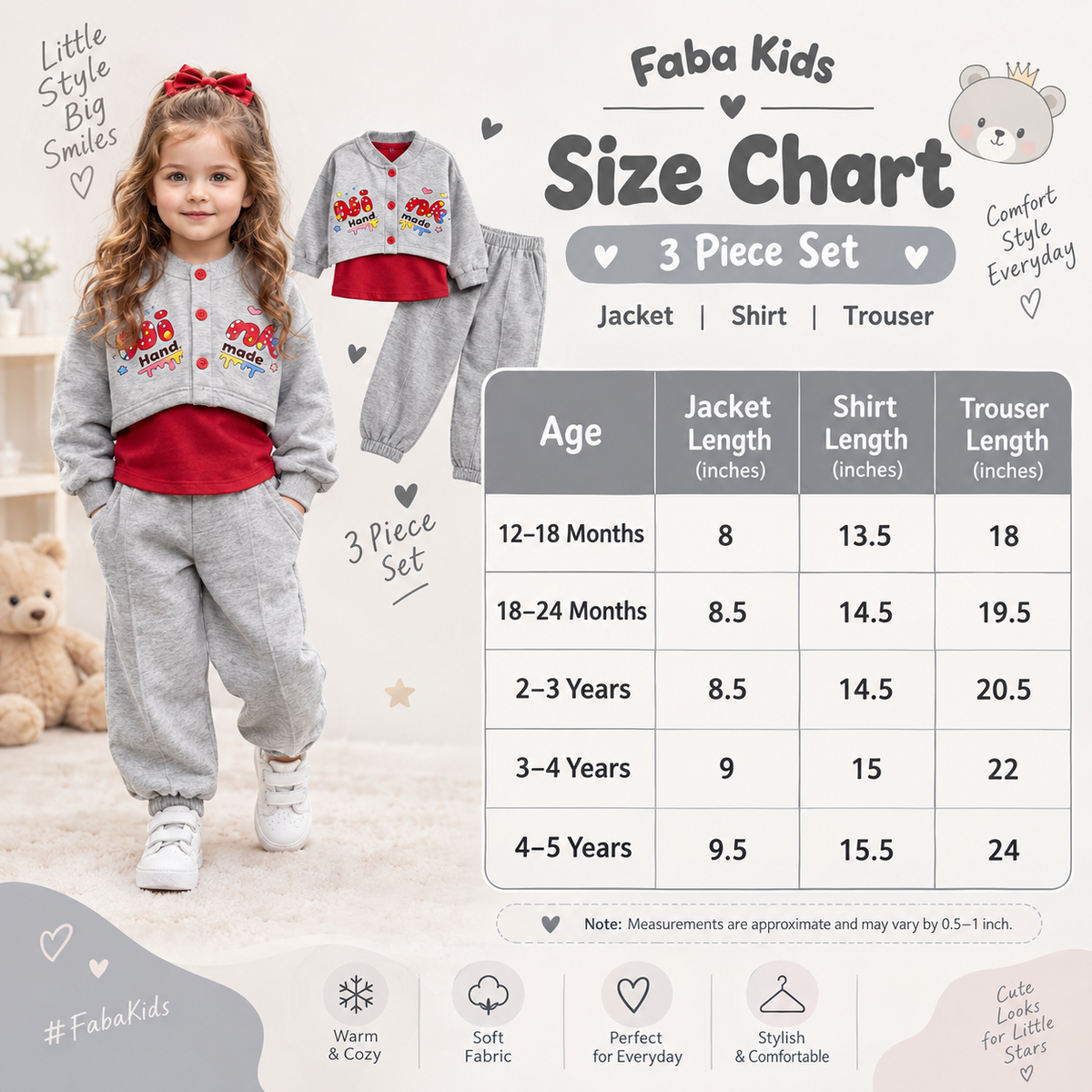 Girls 2PC short jacket and trouser set size chart