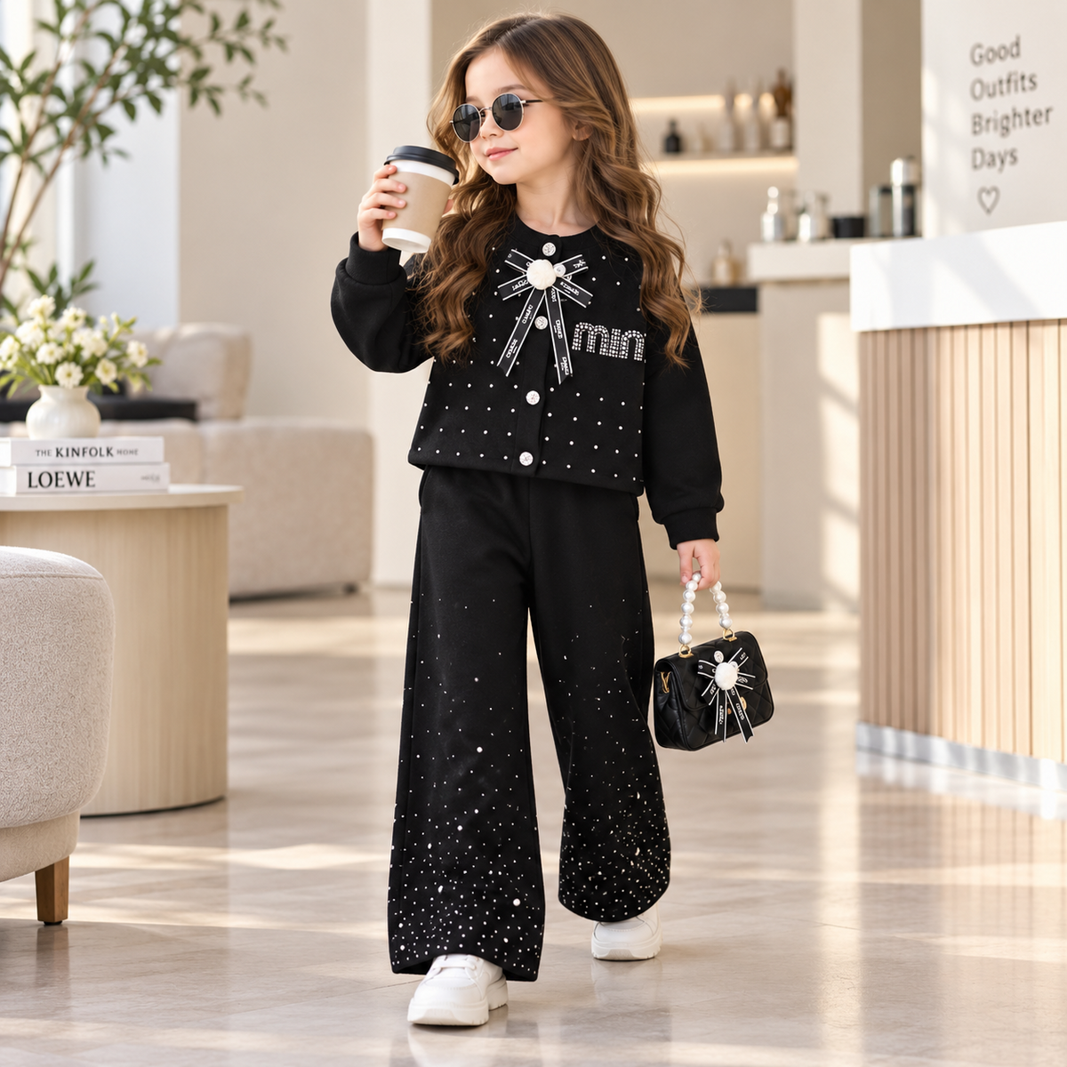 Girls 2PC black sweater and wide-leg trouser set lifestyle image