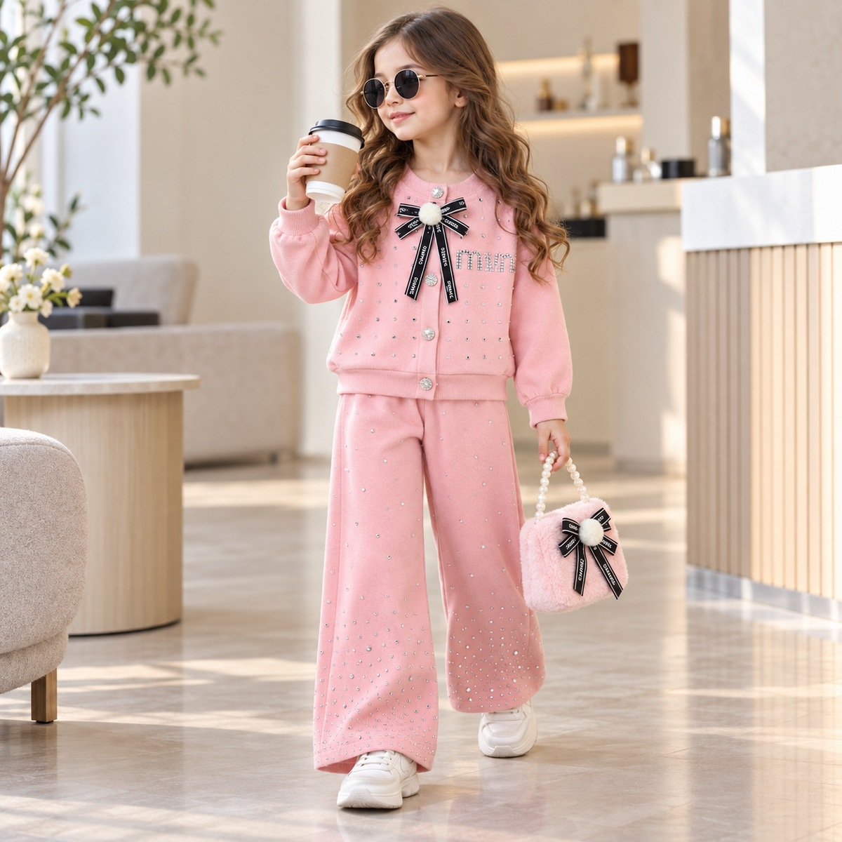 Girls 2PC pink sweater and wide-leg trouser set lifestyle image