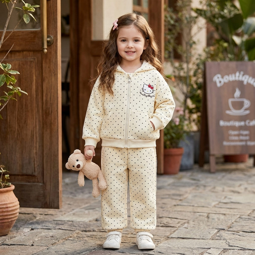 Girls 2pc winter hoodie and trouser set in cream