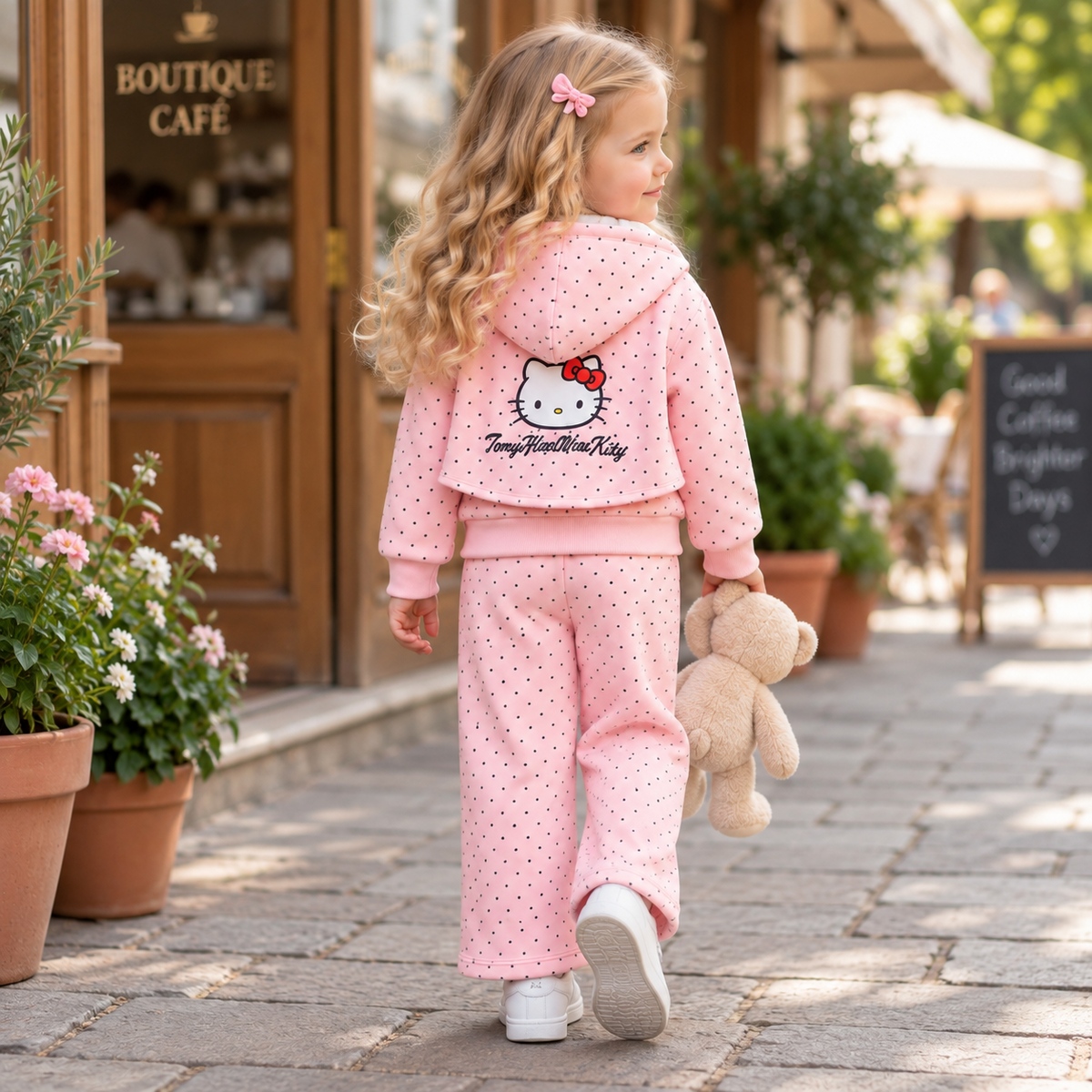 Girls 2pc pink winter hoodie and trouser set back view