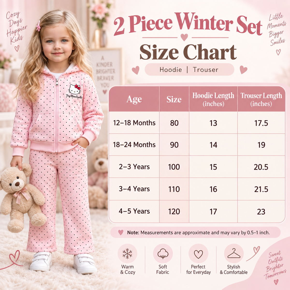 Girls 2pc winter hoodie and trouser set size chart
